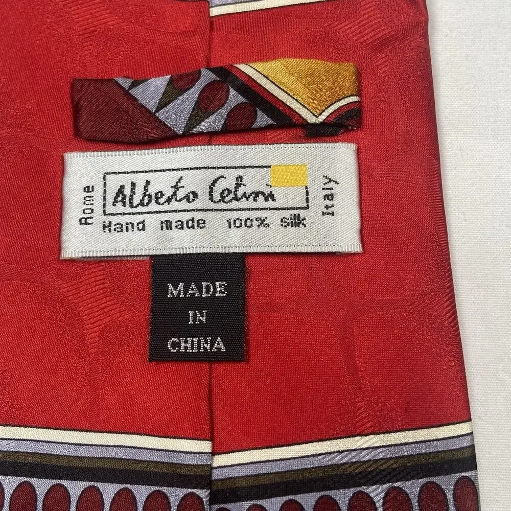 Alberto Celini Men's Necktie 100% Silk Red Geometric Pattern 4x59